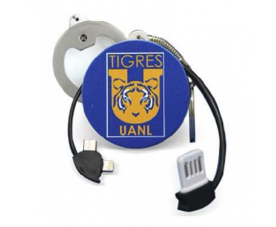 Llavero Tigres con destapador y Cable USB a Micro USB / Tipo C/ Lightning para Carga y Datos.