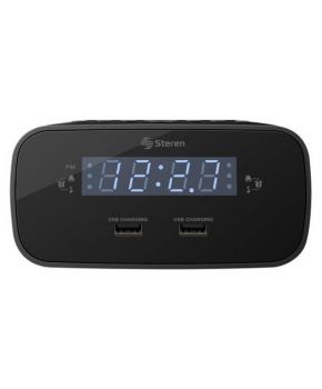 Reloj despertador digital FM con doble cargador USB marca Steren