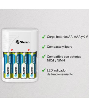 Cargador de Batería AA/AAA/9V incluye 4 Baterías tipo AA marca Steren.