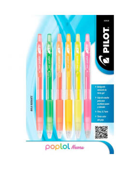 Bolígrafo Gel Retráctil Mediano 0.7mm Colores Neón paq. C/6 piezas marca Pilot