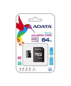 Memoria MicroSD Clase 10 de 64GB + Adaptador SD marca ADATA