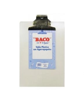 Tabla plástica transparente tamaño carta con clip marca Baco.