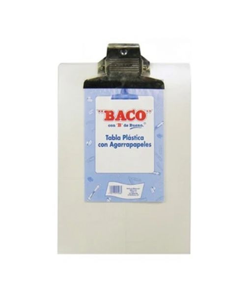 Tabla plástica transparente tamaño carta con clip marca Baco.